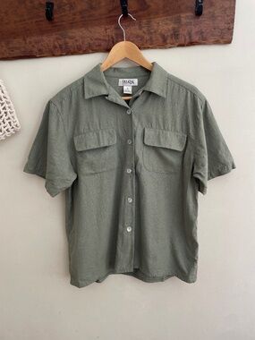 Vintage Selene Sport | 100% raw silk short sleeve green button down blouse PL